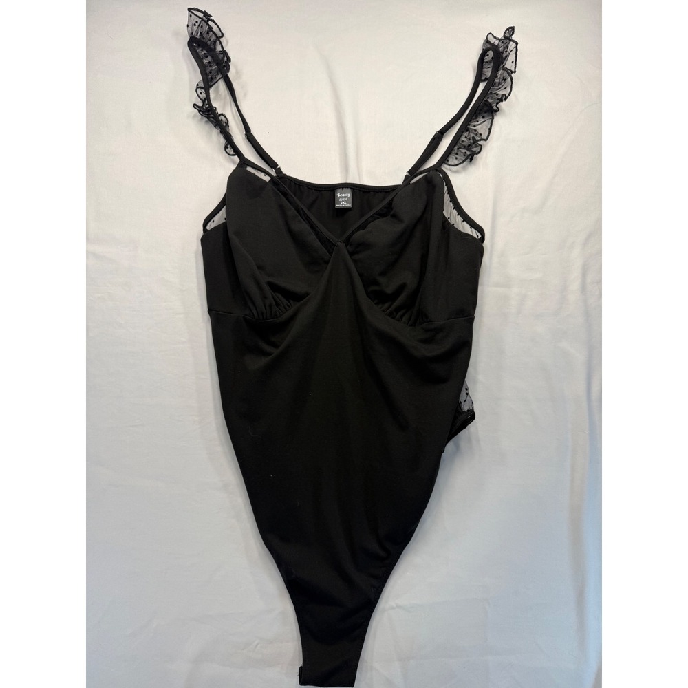 Seasty Curve Women Bodysuit 2XL Black Swiss Dot Mesh Ruffle Strap V-Neck Stretch